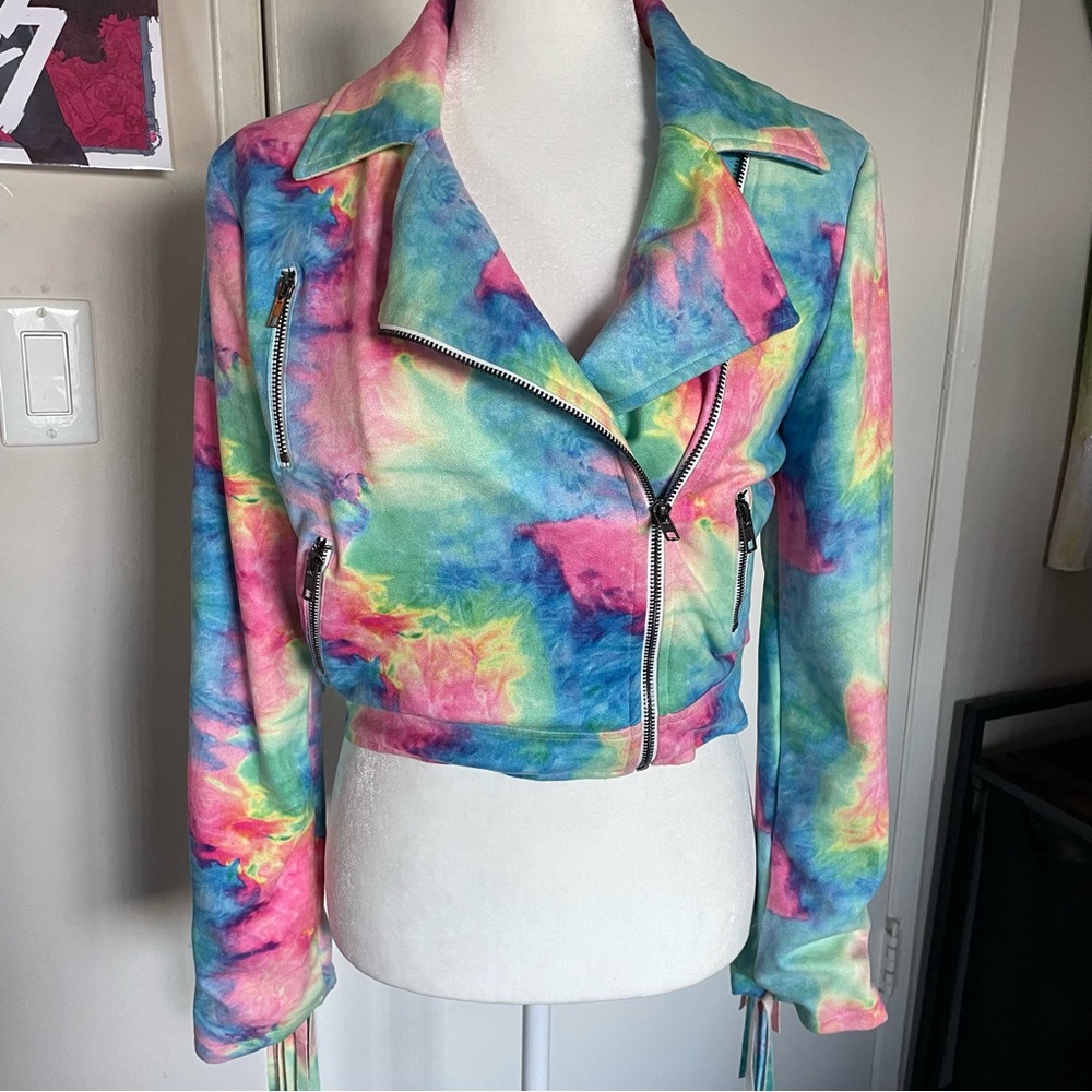 rainbow tie dye fringe cowboy style moto jacket iheartraves rave